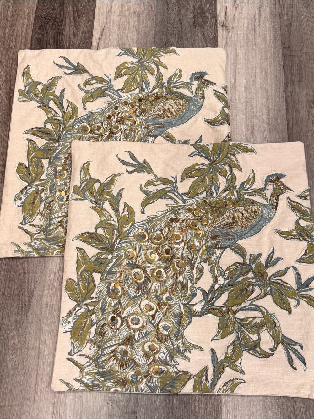 Pottery Barn Peacock Accent Pillow Covers Set of 2 24x24 Beaded Embellished